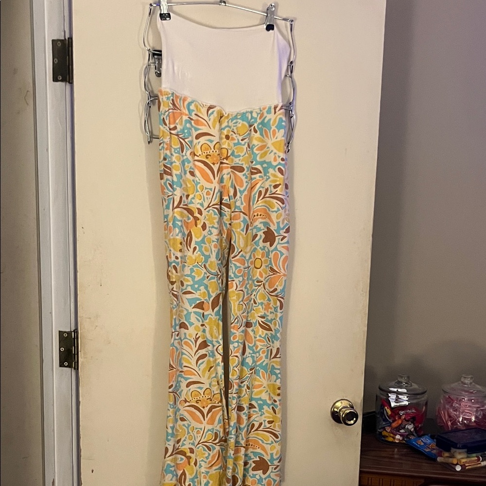 Judith March White Top Floral Wide-Leg Jumpsuit in Pastel Yellow Blue and Tan